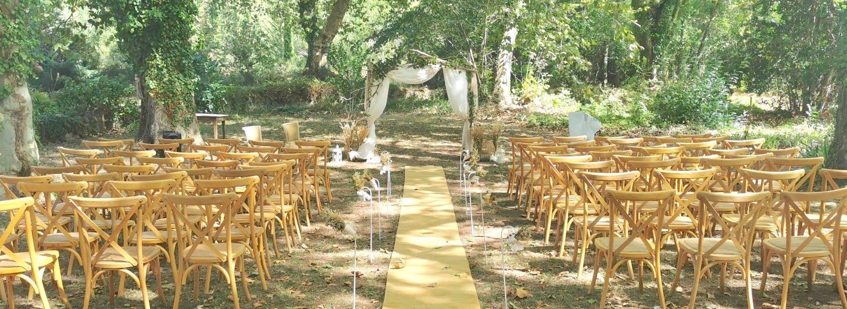 Cérémonie laïque dans le parc : arche drapée, allée et chaises en bois sous les platanes